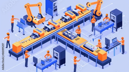 Vector illustration of an isometric factory with an automated mechanized conveyor line Shows industrial robotic conveyor production line with plant workers in an electronic factory