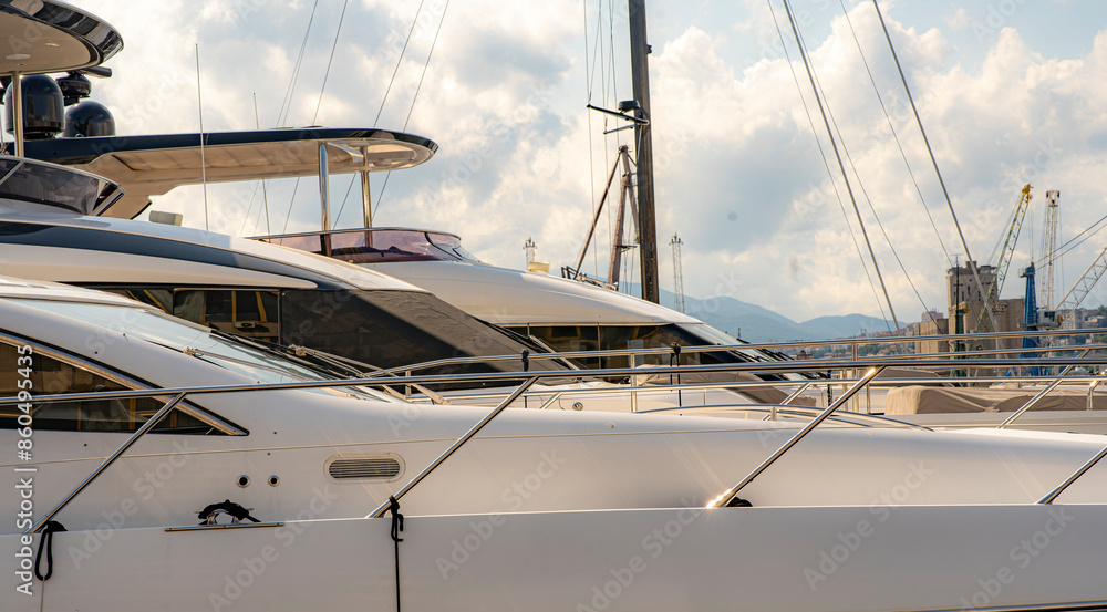 Fototapeta premium luxury yacht in the harbor at evening, early summer