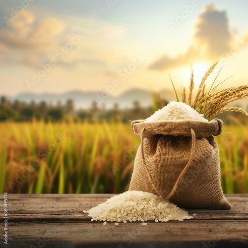 A bag of rice with a rice field in the background