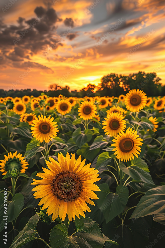 Fototapeta premium Field of sunflowers under the sunset sky