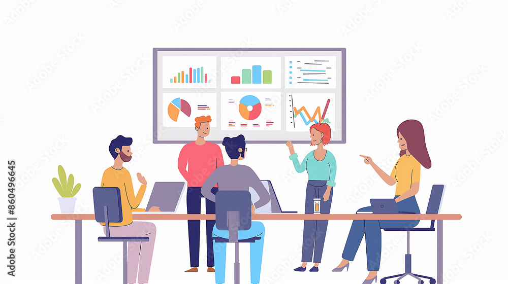 group of people at an office meeting were discussing and presenting ideas with charts on the screen group of people at an office meeting were discussing and presenting ideas with charts on the screen
