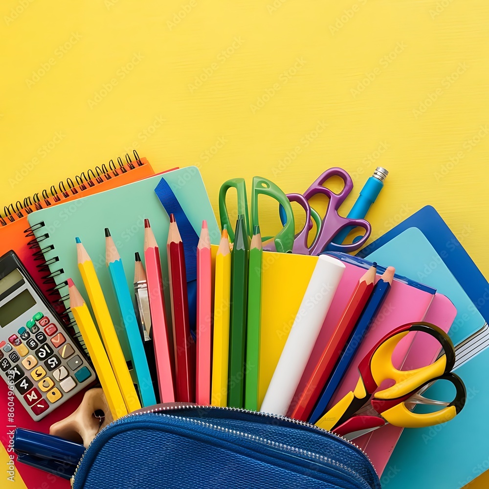 Fototapeta premium Flat lay composition with different school stationery on yellow background. Back to school