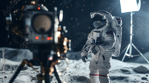 behind the scenes, actor wearing astronaut suit waiting while film crew decorator straightens lunar surface. virtual production with led screens isolated on white background, photo, png photo