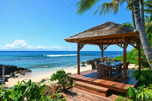 Luxurious oceanfront gazebo for al fresco dining in a stunning tropical paradise setting