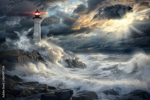 Lighthouse enduring ocean s might  dramatic scene of waves crashing on rocky coastline photo