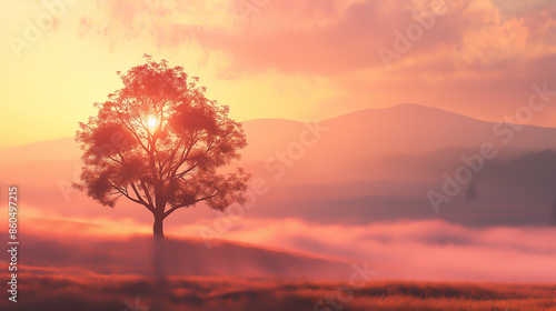 sunrise and tree in fog sunset nature montians lanscape warm lighting photo