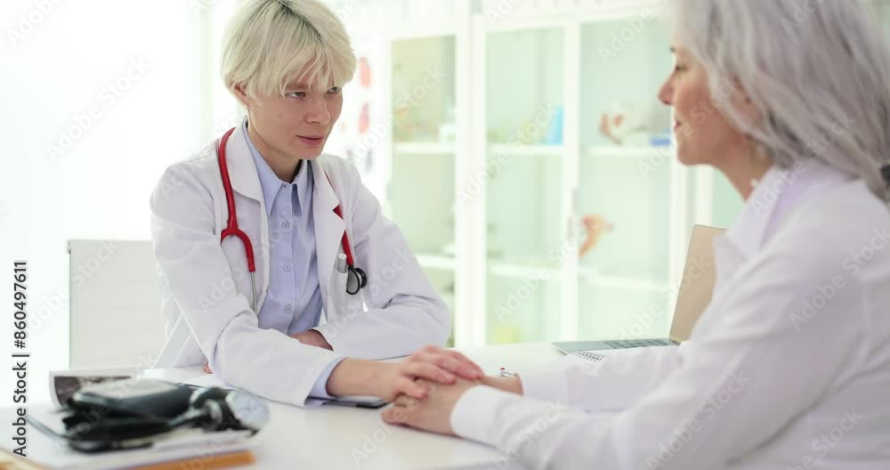 Caring blonde doctor holds hand of sick senior woman showing sympathy. Specialist supports female patient after revealing diagnosis slow motion Caring blonde doctor holds hand of sick senior woman showing sympathy. Specialist supports female patient after revealing diagnosis slow motion