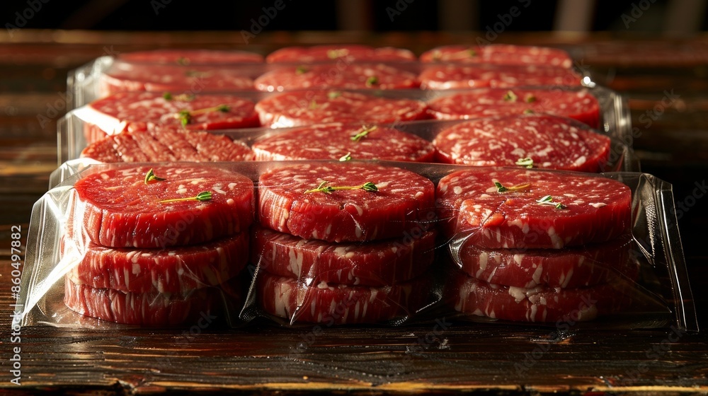 Burger meat vacuum sealed ready for sous vide cooking set, on black wooden table background Burger meat vacuum sealed ready for sous vide cooking set, on black wooden table background