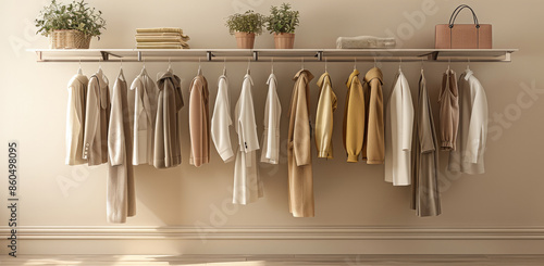 Clothes on grunge background, shelf on cream background, Collection of clothes hanging on a rack in neutral beige colors, store and bedroom concept. Generative AI. © visoot