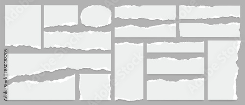 Set of white torn or ripped paper strip, sticky note and damaged newspaper cutout for social media. Ripped business banner. Torn scrap note with paint brush stroke texture. Vector ornament decoration.