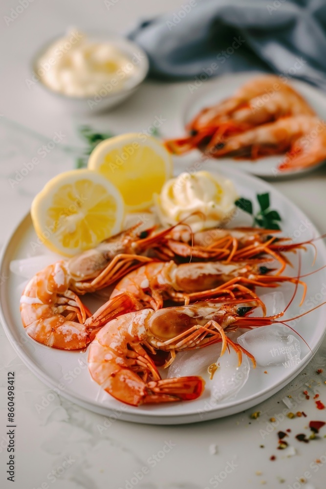 Delicious seafood dish with shrimp and lemon served with butter and lemon wedges on white plate for culinary theme Delicious seafood dish with shrimp and lemon served with butter and lemon wedges on white plate for culinary theme