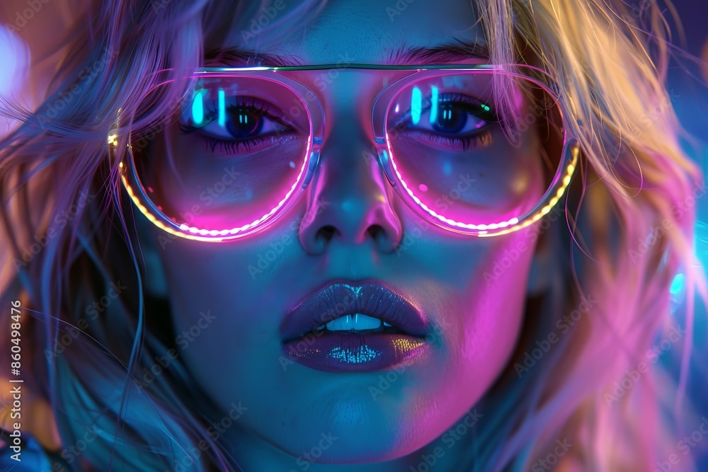 Close-up of woman with neon glasses at a psychedelic trance festival Close-up of woman with neon glasses at a psychedelic trance festival
