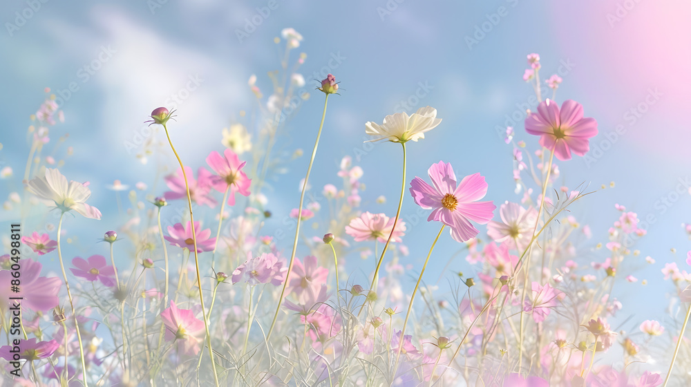 Multicolored cosmos flowers in meadow in spring summer nature against blue sky Selective soft focus : Generative AI Multicolored cosmos flowers in meadow in spring summer nature against blue sky Selective soft focus : Generative AI