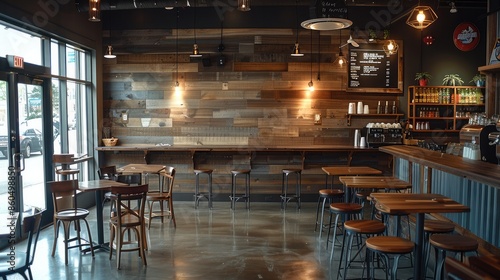 A coffee and fast food space with a strong sense of design, with tables, chairs, and lighting fixtures in an industrial style. Generative AI. © visoot