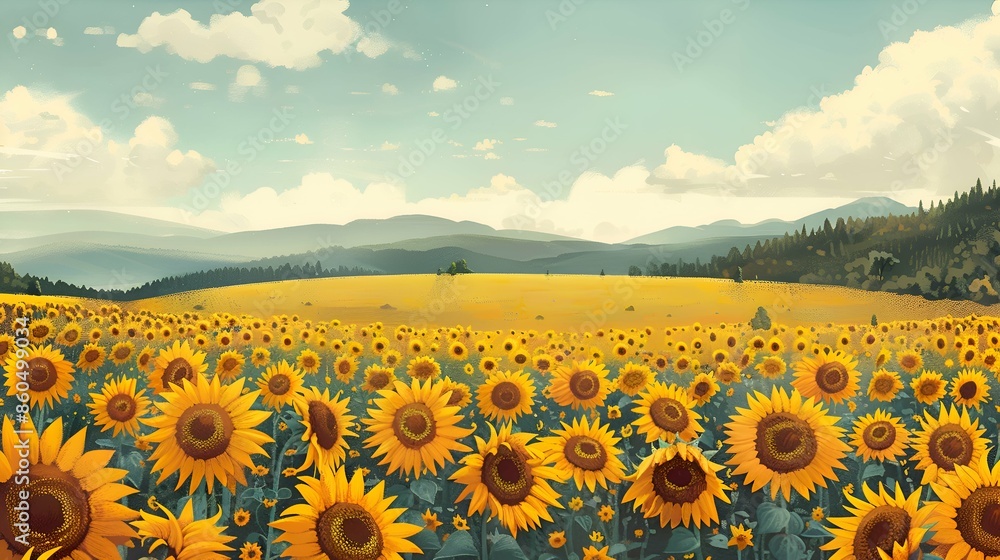 Obraz premium Sunflower Field with Mountain View.