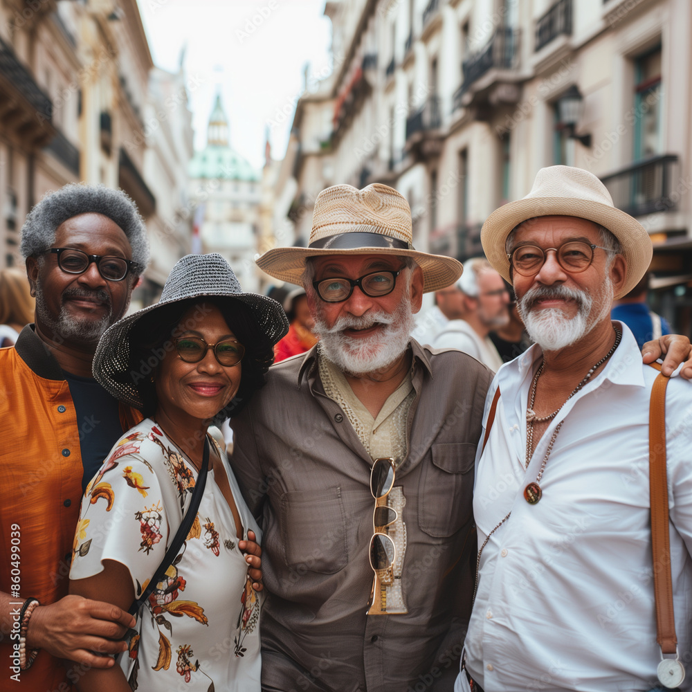 senior people are posing for a photo in middle of the street in france senior people are posing for a photo in middle of the street in france
