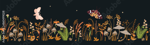 Botanical seamless border with wildflowers,herbs,toadstools and moths.Colorful background with night landscape.Horizontal banner with stars, plants and flying insect.Vector design with floral pattern.