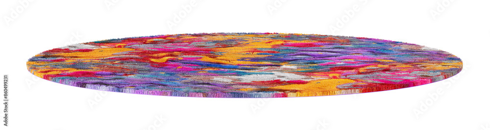 Colorful, vibrant round carpet with a detailed texture, perfect for modern home or kids room interiors, on transparent background. Cut out rug. Rainbow, playful style. Front view. 3D render.