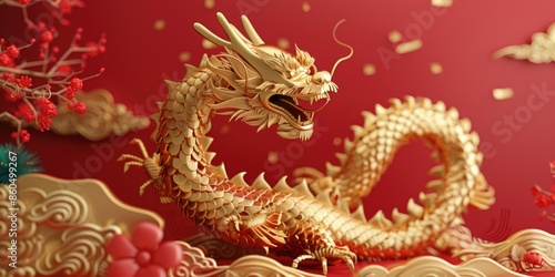 Gold Dragon Statue on Red Background