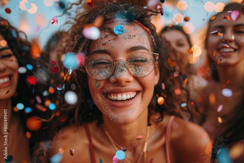 Woman Wearing Glasses Smiles In Confetti At Summer Festival