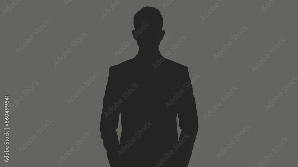 A silhouette illustration of a male character looking straight at the camera. 