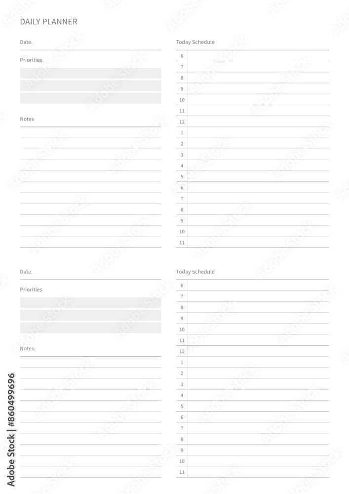 A daily plan design template in a modern, simple, and minimalist style. Note, scheduler, diary, calendar, planner document template illustration. A daily plan design template in a modern, simple, and minimalist style. Note, scheduler, diary, calendar, planner document template illustration.