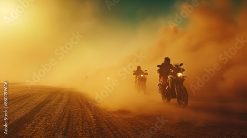 Motorcyclists Ride Through a Desert Dust Storm © sadewotito