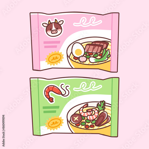 Two instant ramen packages. Vector illustration of beef and seafood flavor noodles in colorful packaging. Asian food products in trendy flat style.