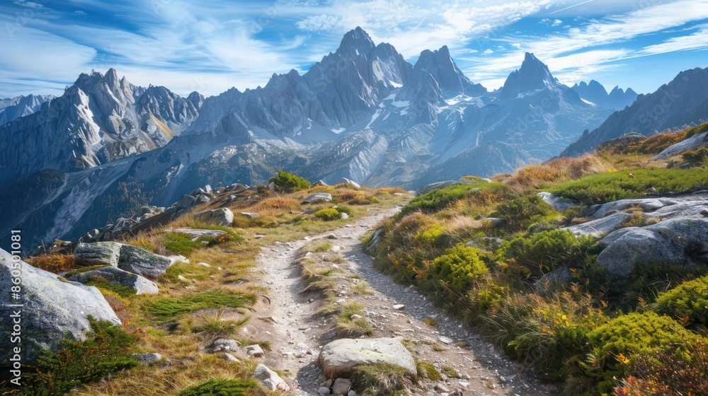 A challenging mountain path with rugged terrain and towering peaks in the distance, embodying the thrill of the hike. A challenging mountain path with rugged terrain and towering peaks in the distance, embodying the thrill of the hike.