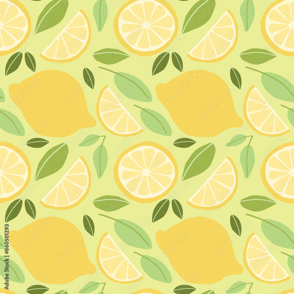 Seamless lemon pattern with whole lemons, slices, and green leaves on a yellow background. Seamless lemon pattern with whole lemons, slices, and green leaves on a yellow background.