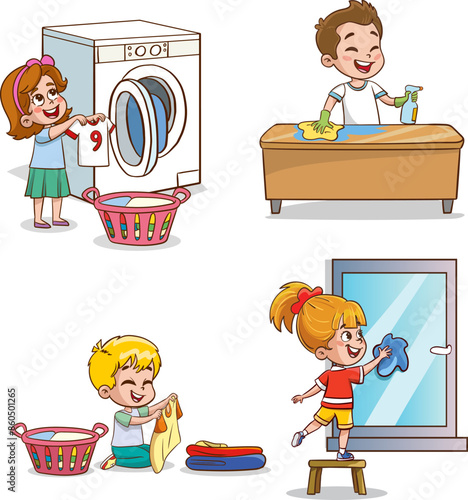 Cartoon children doing housework. Boys and girl helping parents with laundry, washing and vacuuming floor and taking out garbage. Characters doing cleanup or household chores vector