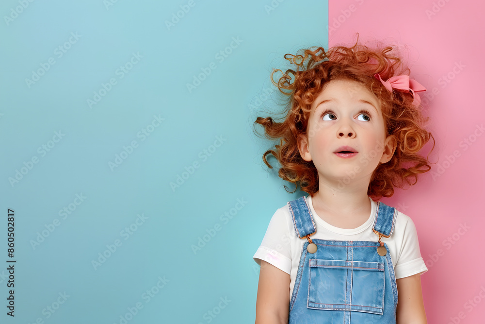 Kid looking up empty space on color background. Kid looking up empty space on color background.