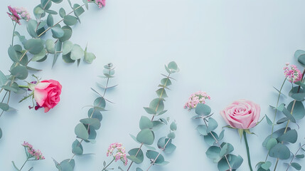 Flowers composition Rose flowers and eucalyptus branches on white background Flat lay top view copy space : Generative AI