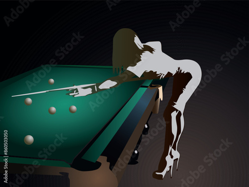 A girl plays billiards. Vector Illustration on a dark background depicting a beautiful girl in a sexy pose at a billiard table for the design of illustrations and interiors.