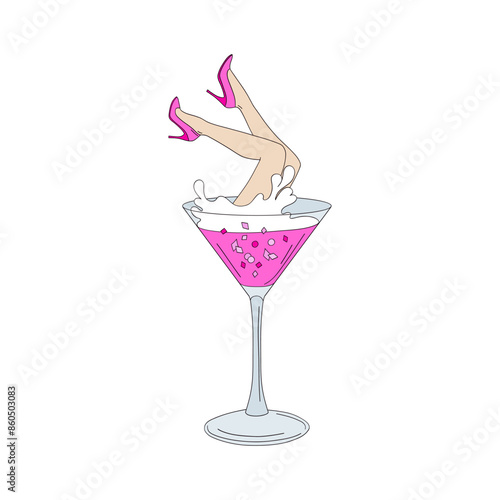 Pink Doll flirty legs in classy high heels shoes in Martini cocktail vector illustration. Pinky Girlish New Year vibes pre-made card