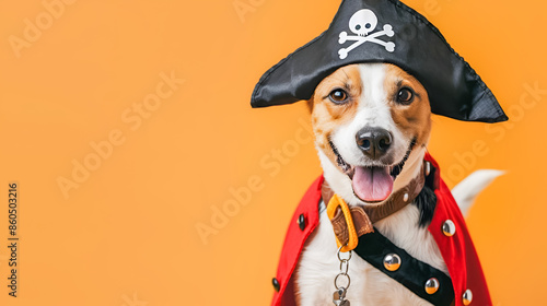 Cute dog in pirate costume on pastel orange background © Elena