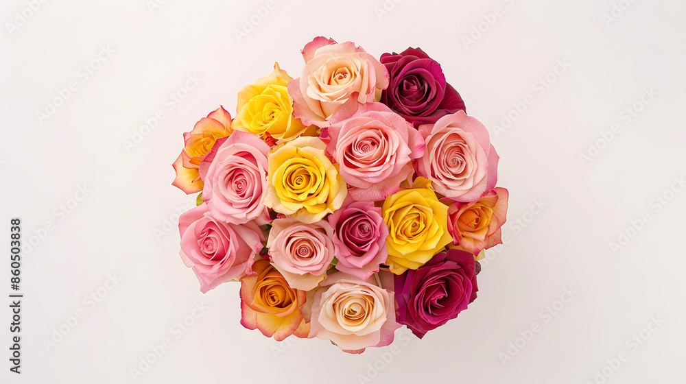 roses in a bouquet on a white background round flower arrangement top view as a gift for an anniversary pink yellow roses : Generative AI roses in a bouquet on a white background round flower arrangement top view as a gift for an anniversary pink yellow roses : Generative AI