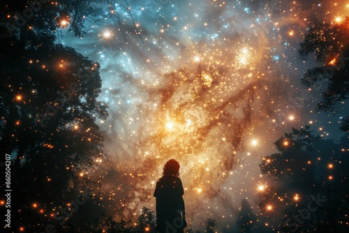 Silhouette of person gazing at star-filled sky in forest