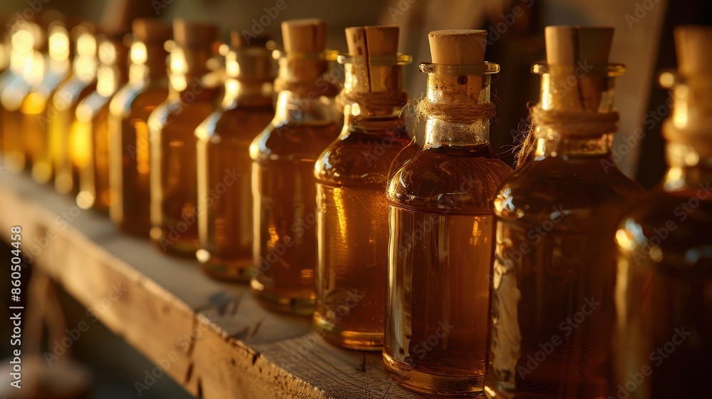 Golden Amber Bottles of Natural Essential Oils on a Wooden Shelf Golden Amber Bottles of Natural Essential Oils on a Wooden Shelf