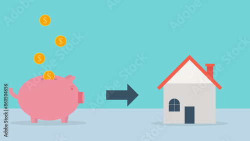 vector of piggy bank and property, business growth concept, long-term investment concept, Start invest in stock market, begin savings to achieve financial goal illustration.