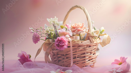Easter basket with flowers and ribbons : Generative AI © Generative AI