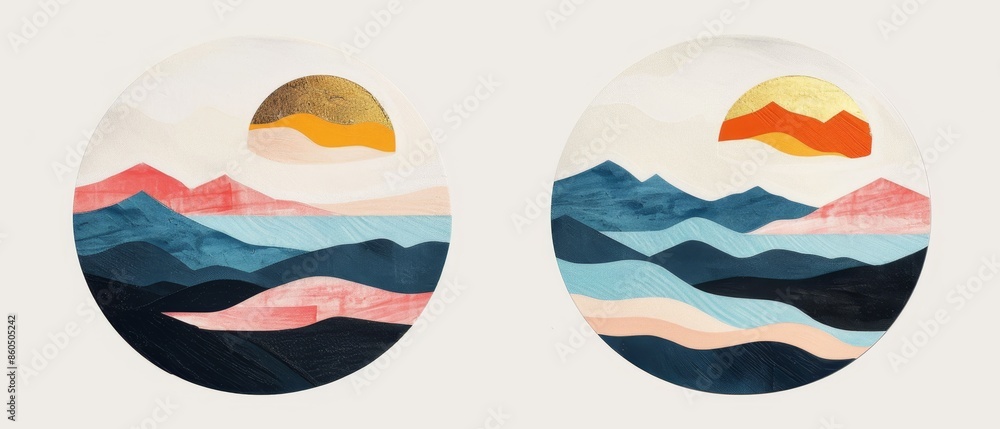 Serene Geometric Sketch Art Duo in Circular Frames Serene Geometric Sketch Art Duo in Circular Frames