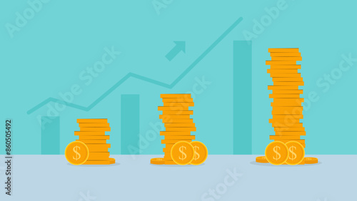 coins and growing graph static business growth concept, long-term investment concept, Start invest in stock market, begin savings to achieve financial goal illustration.