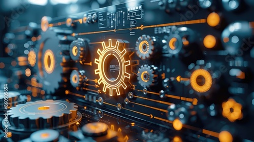 A dynamic, modern business setting featuring professionals working with advanced technology and streamlined processes. Symbols of productivity and growth, like charts and gears. Generative AI.