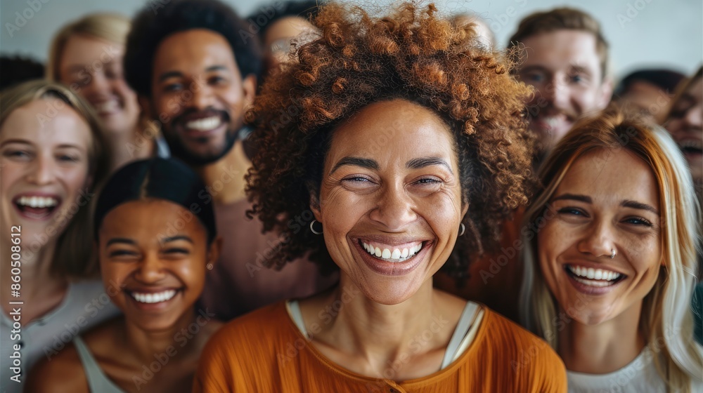 Obraz premium A crowd of laughing people, mixed races, young and old, white background. Generative AI.