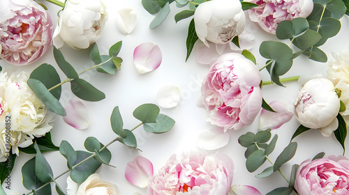 Fototapeta Naklejka Na Ścianę i Meble -  Styled stock photo Decorative still life floral composition Wedding or birthday bouquet of pink and white peony flowers and eucalyptus branches White table background Flat lay top view : Generative AI