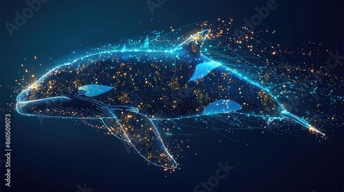 flat 2D illustrate with glowing blue killer whale made of digital particles with geometric lines, Particles go from light to dark, yellow, green and blue light, black background. Generative AI.