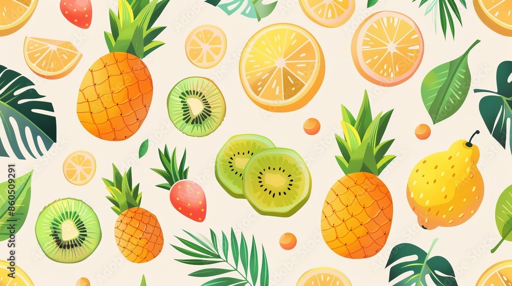 Cute tropical fruit pattern with pineapples, lemons, oranges, watermelons, palm leaves, and kiwis. It's a fully editable Japanese kawaii design. Cute tropical fruit pattern with pineapples, lemons, oranges, watermelons, palm leaves, and kiwis. It's a fully editable Japanese kawaii design.
