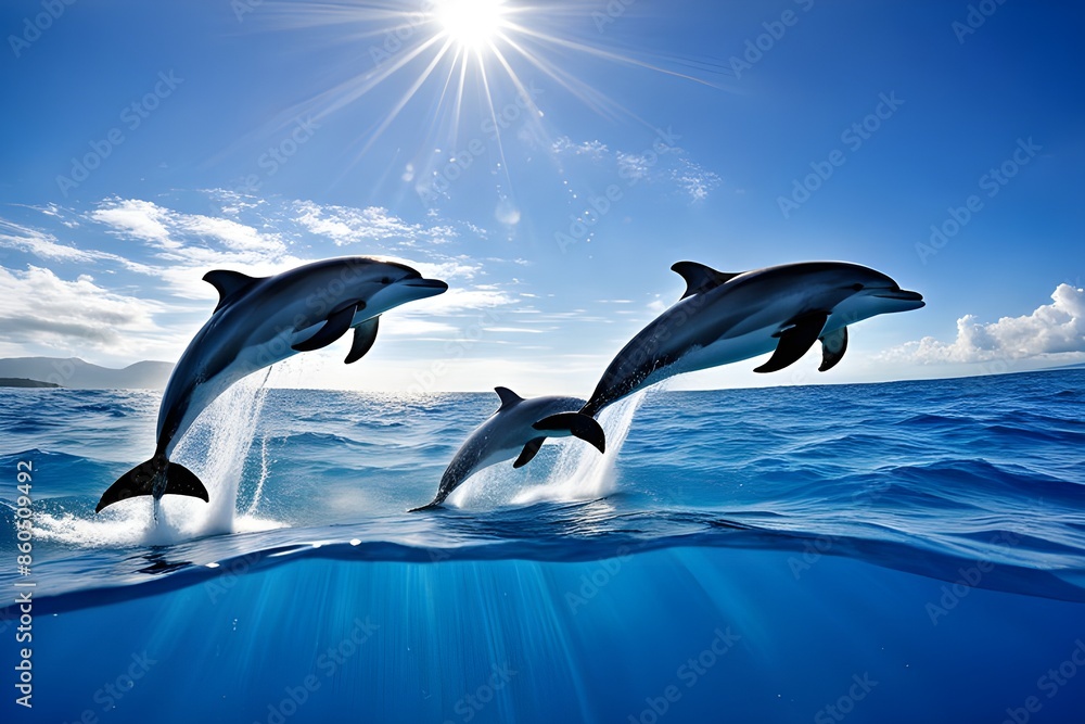 Fototapeta premium Dolphin living in its natural habitat, in the beatiful sea swimming and jumping out of the water