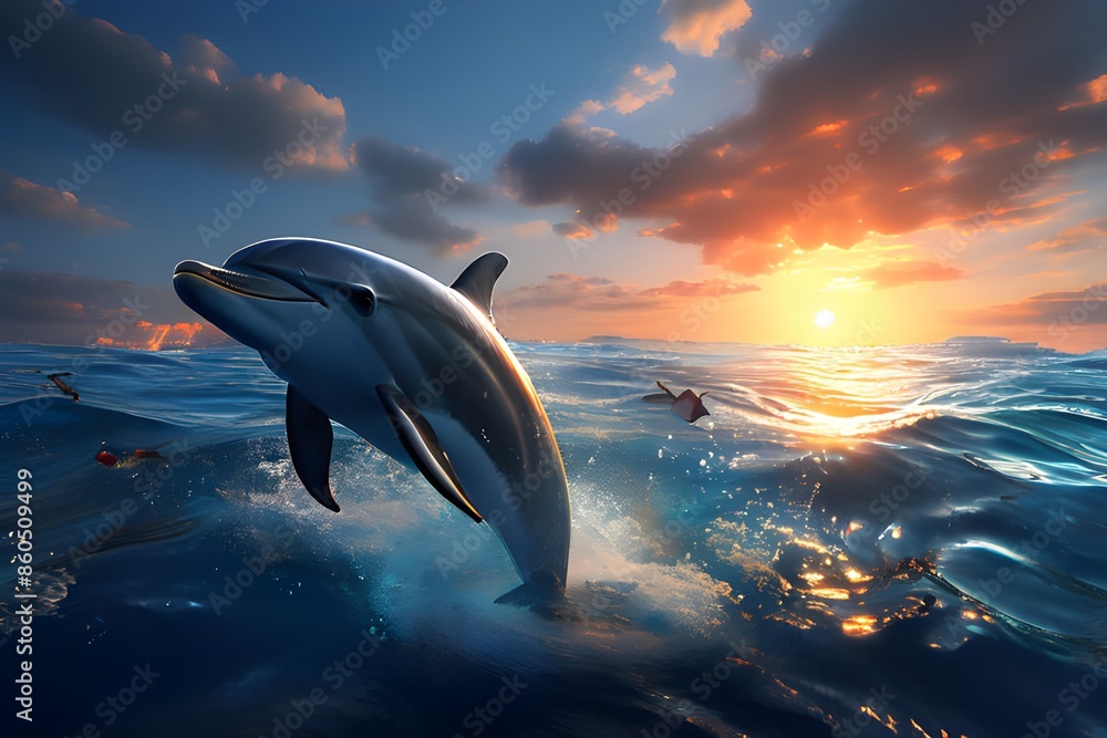 Fototapeta premium Dolphin living in its natural habitat, in the beatiful sea swimming and jumping out of the water